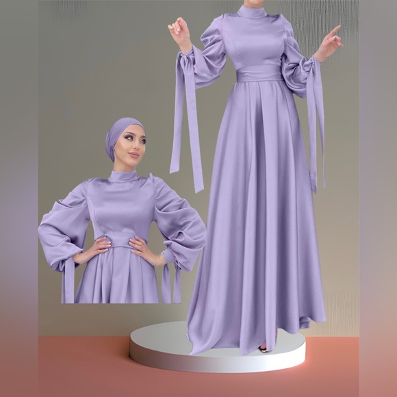 Satin dress with wide belt and ribbon puff sleeves - Picture 2 of 3